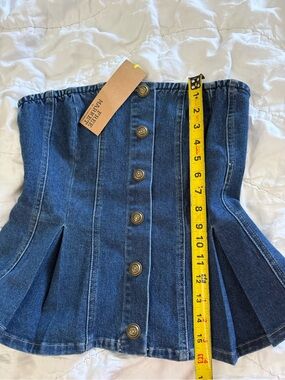 Free Market Denim Corset Peplum Top M NWT Strapless Button Front Crest Bustier